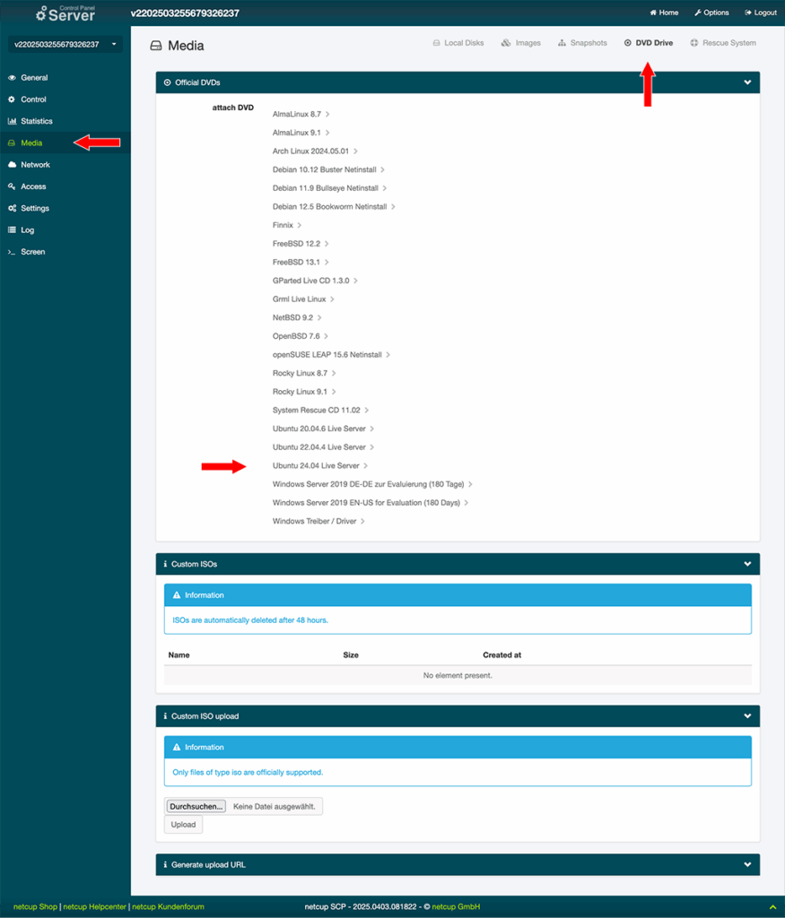 Auswahl des Installationsimages von dem aus der Server bootet.