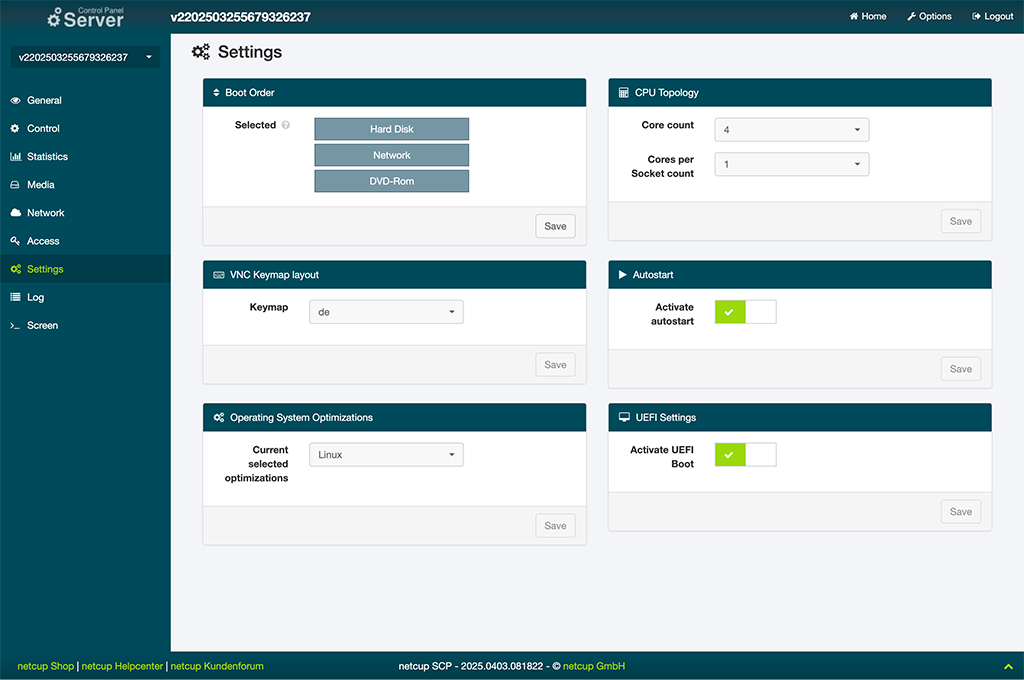 netcup Server Control Panel Settings