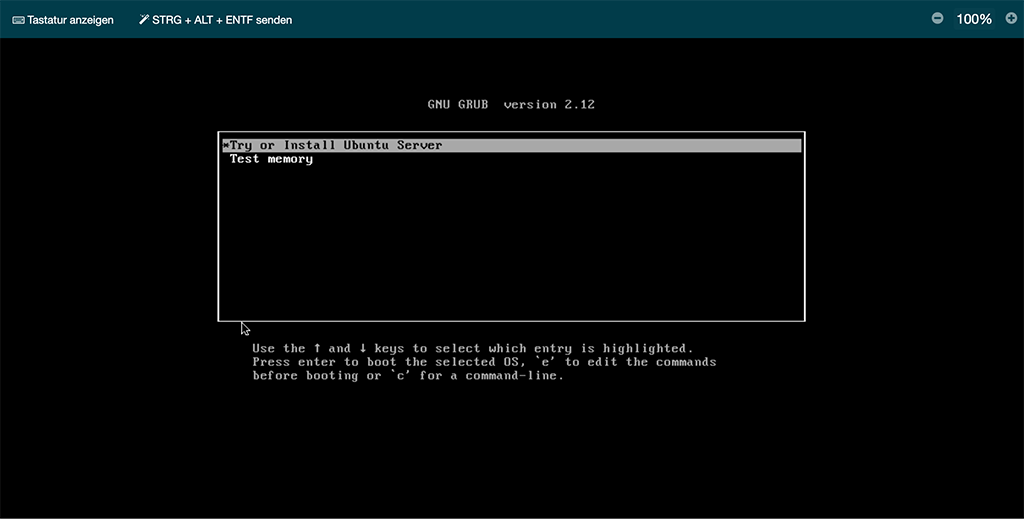 Screenshot VNC Konsole Try or Install Ubuntu Server