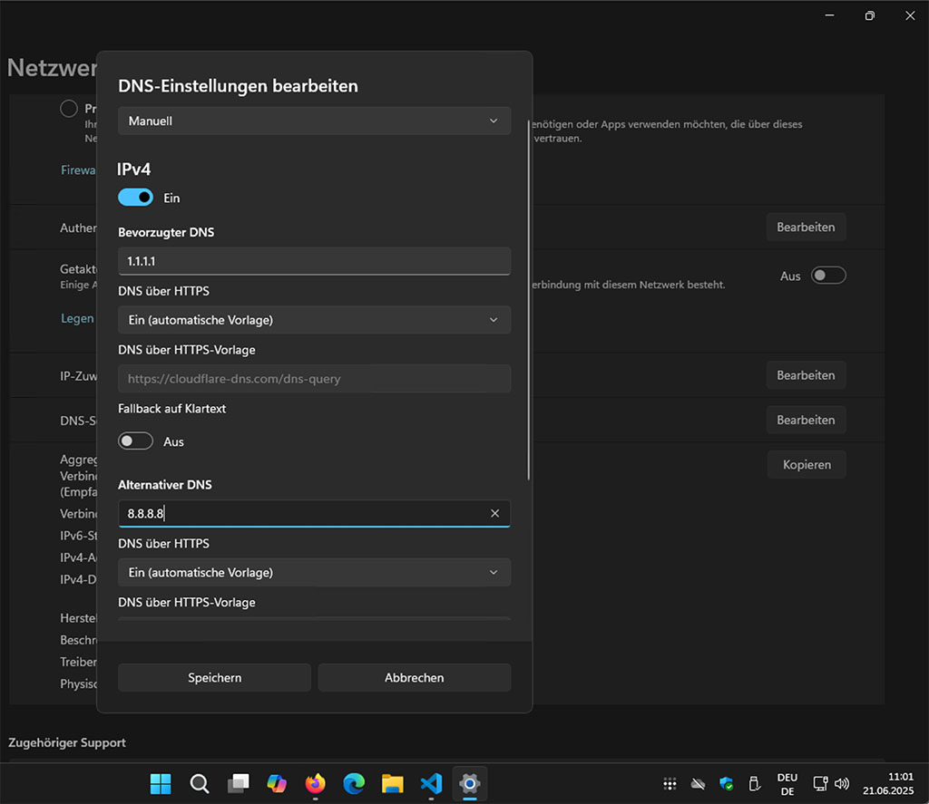 Windows Konfiguration DNS over HTTPS