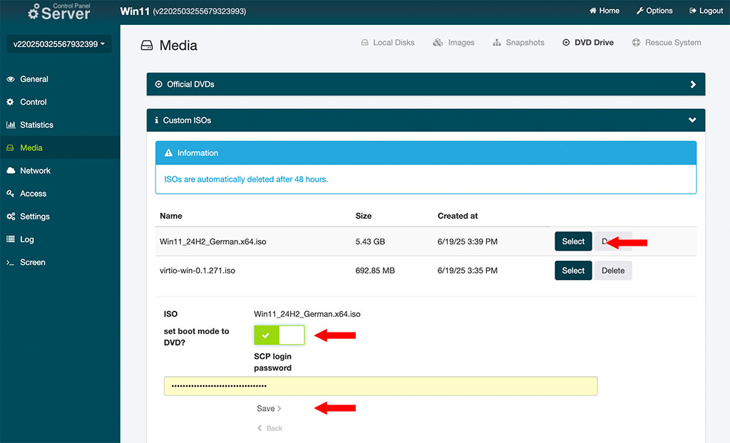 Auswahl des Bootmediums im Server Control Panel