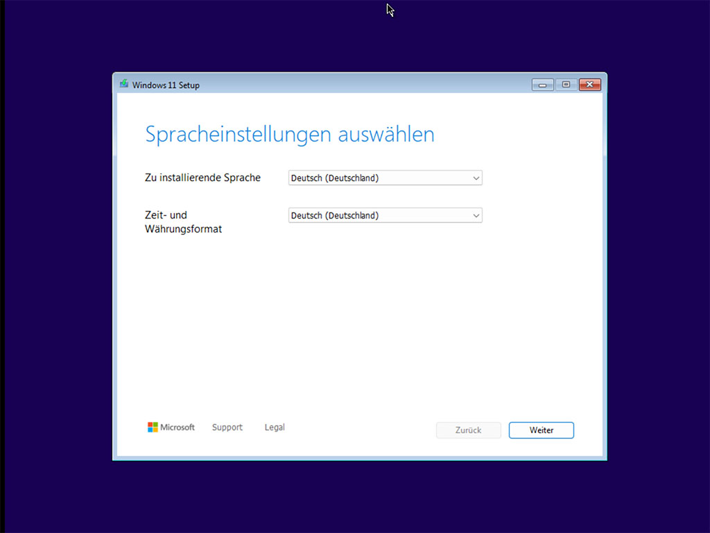 Windows Installation Spracheinstellungen auswählen