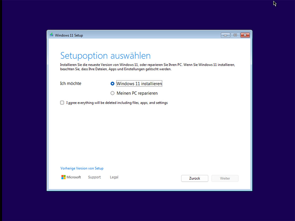 Windows Installation Setupoptionen auswählen