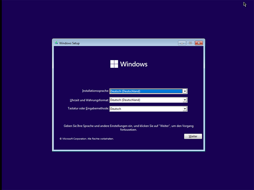 Windows Installation, Installationssprache, Datum und Eingabemethode