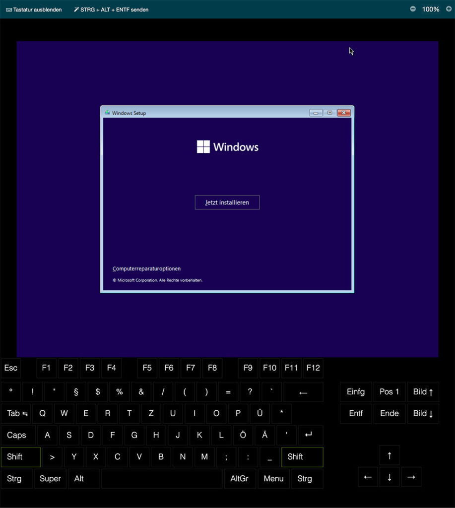 Windows Installation, einblenden der Bildschirmtastatur des Server Control Panel