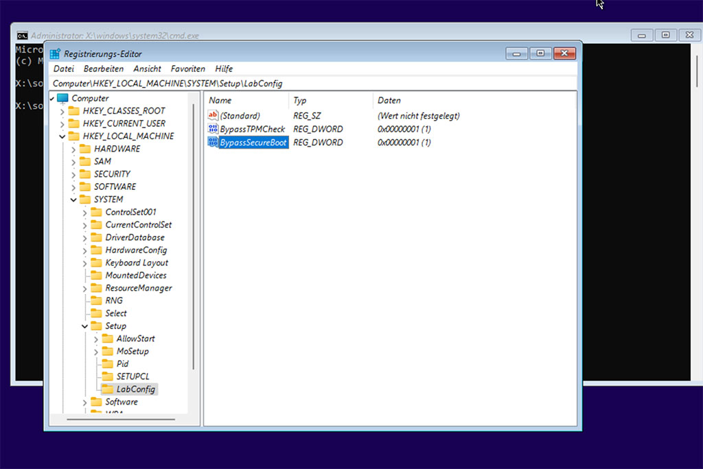 Registrierungs-Editor neue REG_DWORD BypassTPMCheck und BypassSecureBoot
