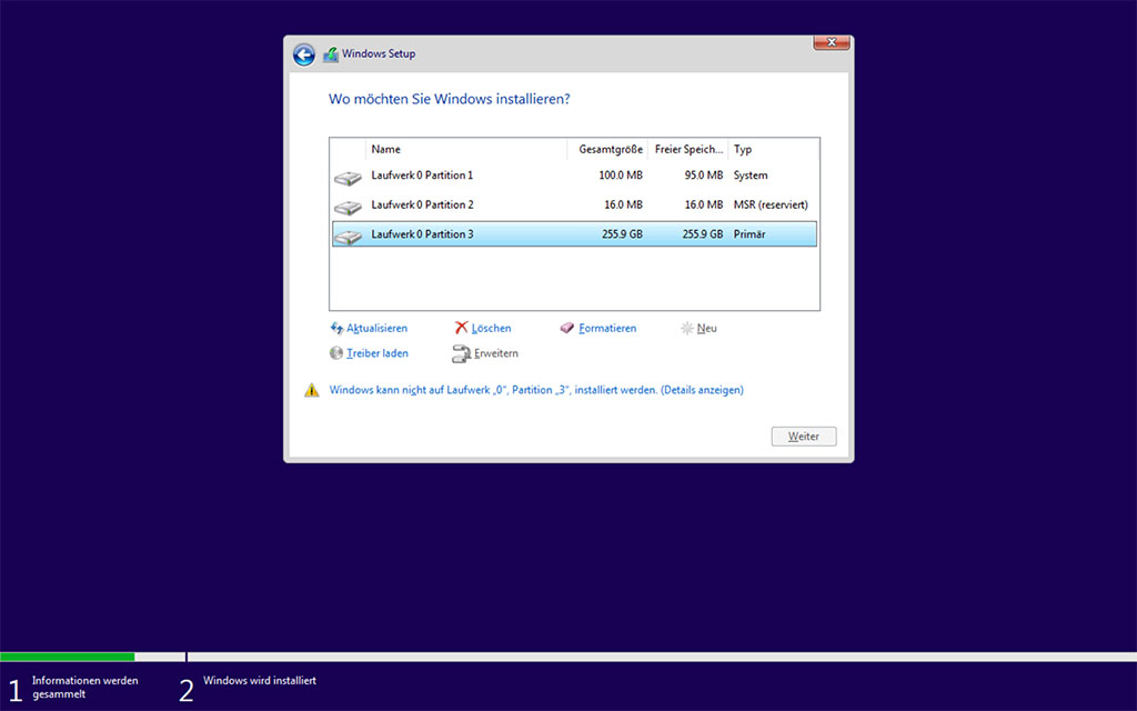 Windows Setup Partitionstabelle