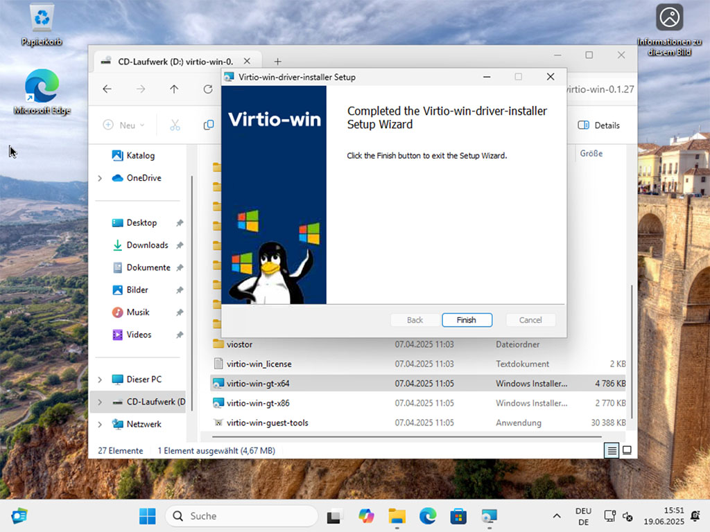 Abschlus der VirtIO Windows Treiberinstallation