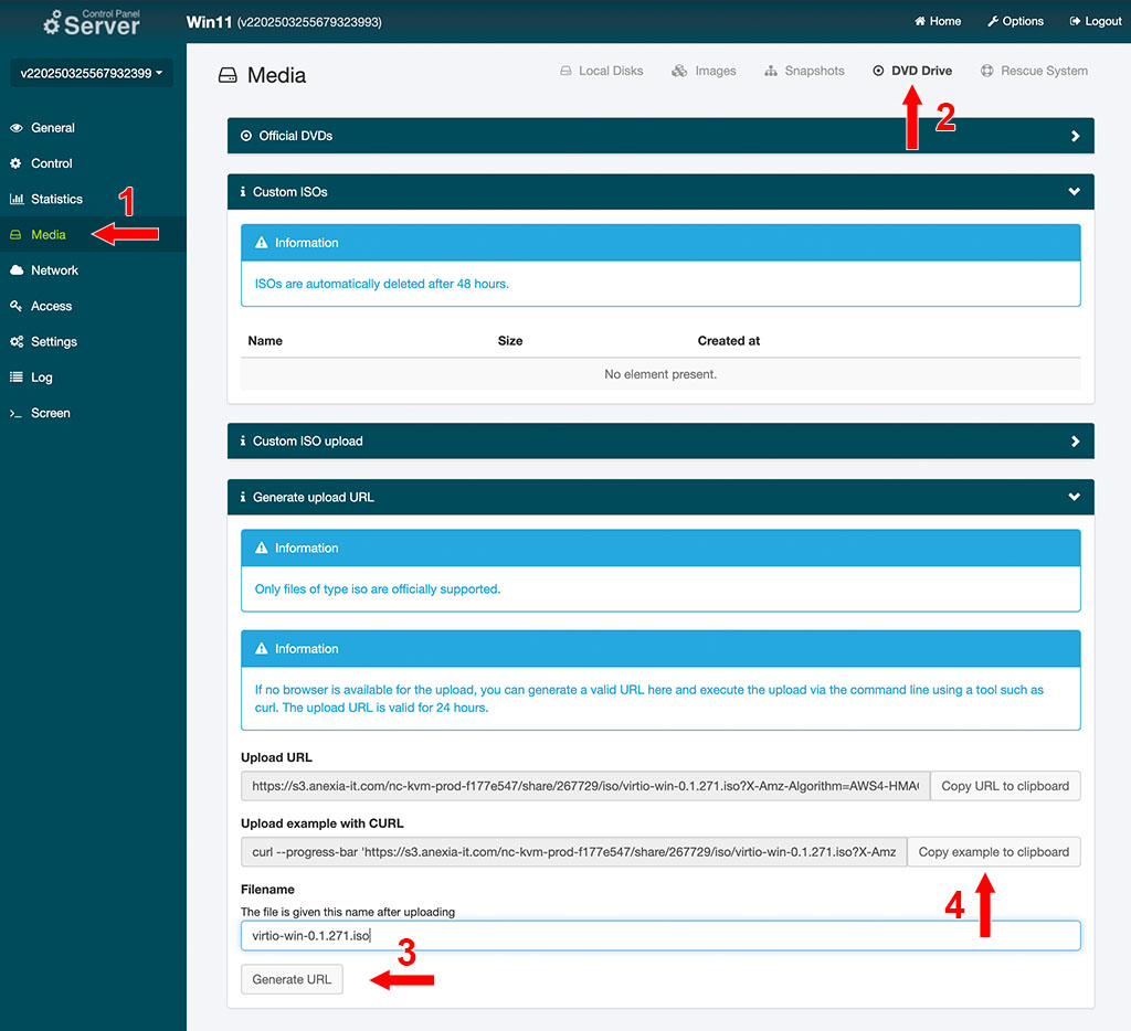 Upload von ISO Images im Server Control Pannel