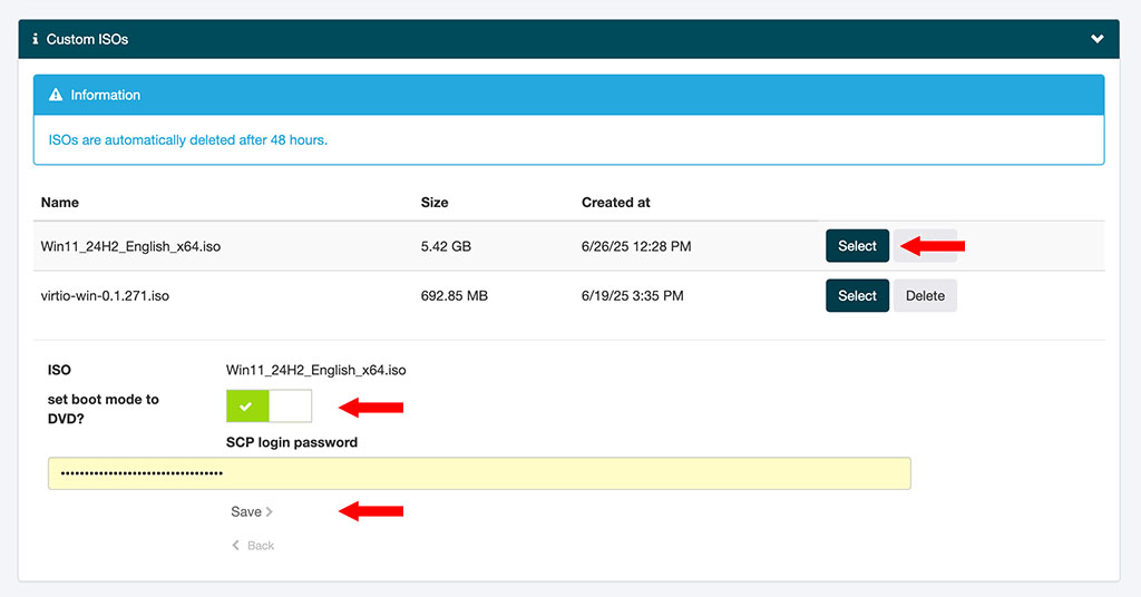 Selecting the boot medium in the Server Control Panel