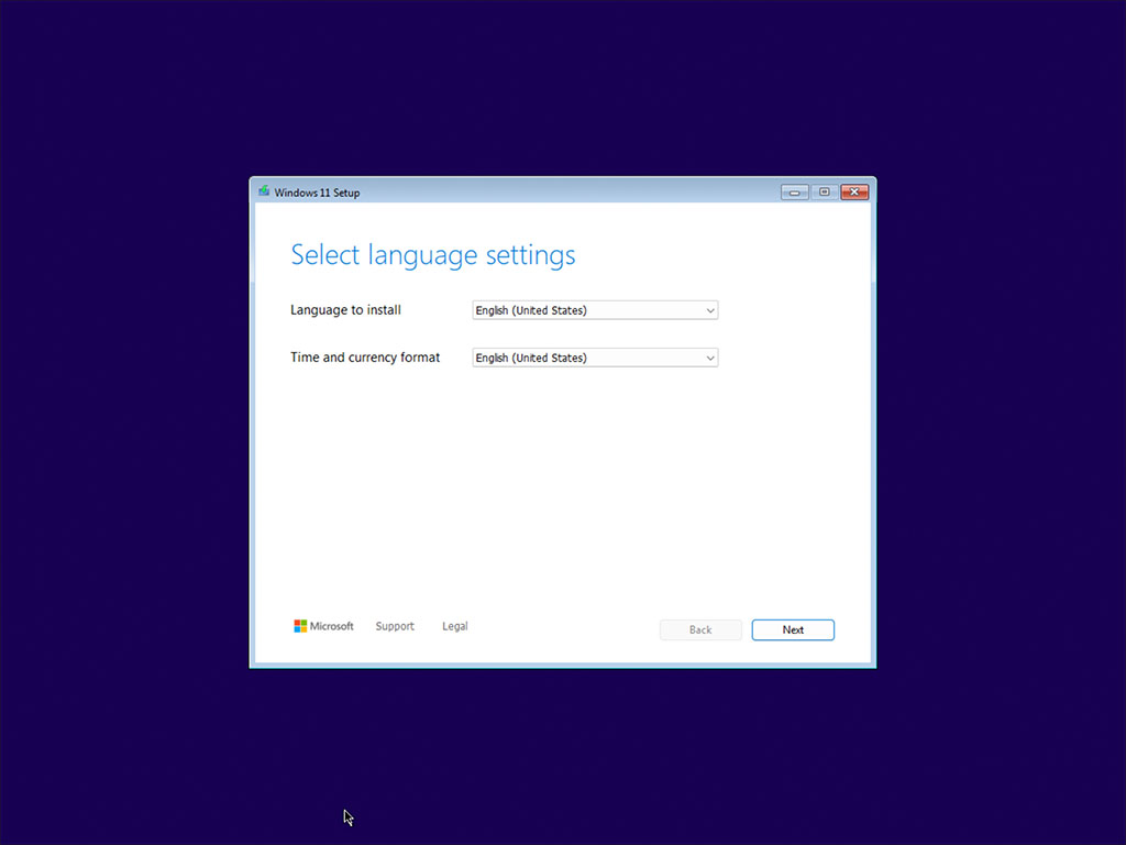 Select language settings in Windows Setup