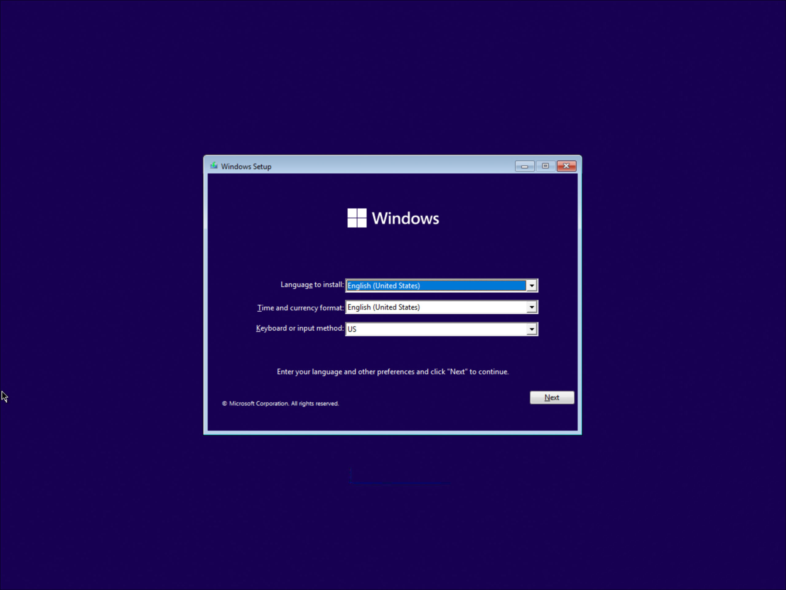 Windows installation – installation language, date/time format, and input method