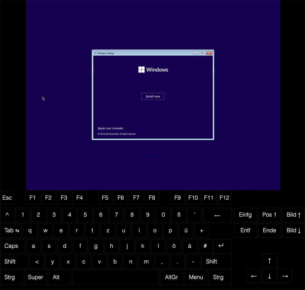 Windows installation – show the on-screen keyboard from the Server Control Panel