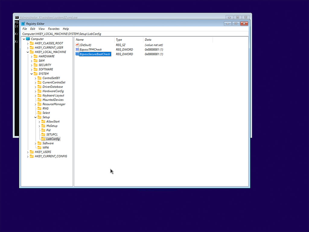Registry Editor – new REG_DWORD values BypassTPMCheck and BypassSecureBoot
