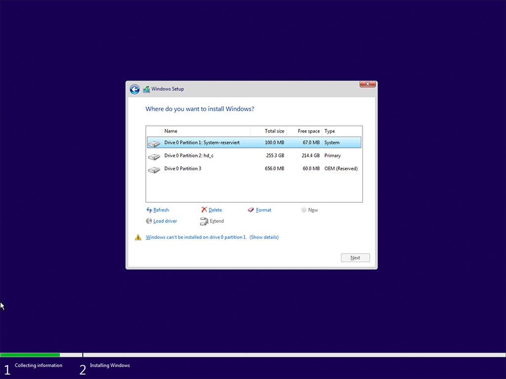 Windows Setup partition table