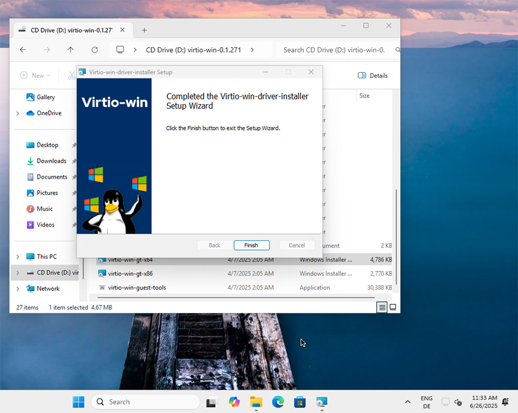 Completion of the VirtIO Windows driver installation