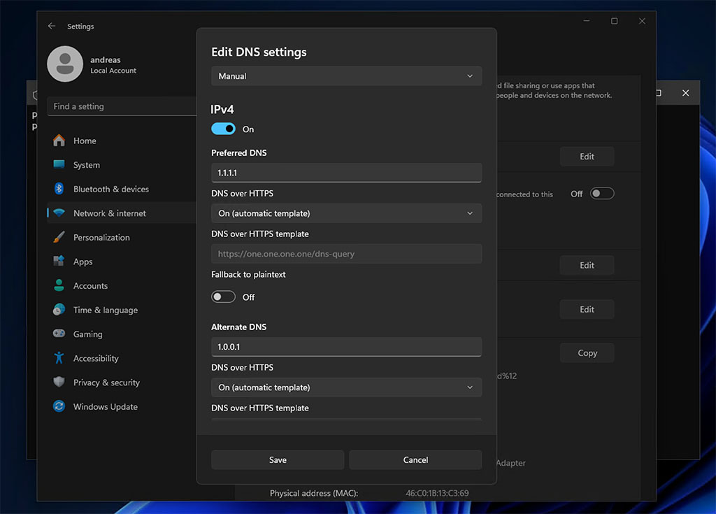 Windows configuration DNS over HTTPS